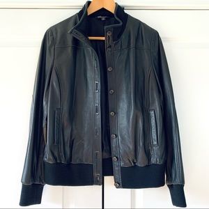 Brooks Brothers Sz 10 Black Leather Jacket Button Front Bomber Classic Women’s